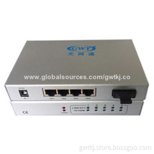 10/100M fiber media converter, 4 RJ45 ports, SM 20KM SC